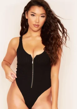 Psalm Black Plunge Zip Ribbed Bodysuit