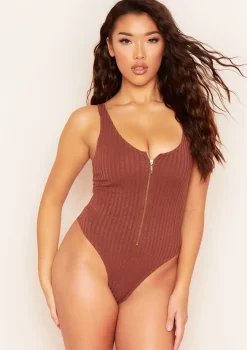 Psalm Brown Plunge Zip Ribbed Bodysuit