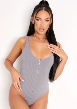 Psalm Grey Plunge Zip Ribbed Bodysuit