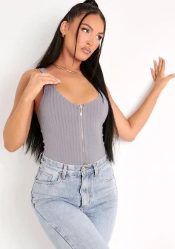 Psalm Grey Plunge Zip Ribbed Bodysuit