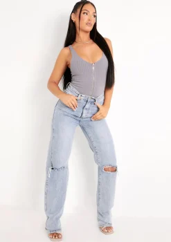 Psalm Grey Plunge Zip Ribbed Bodysuit