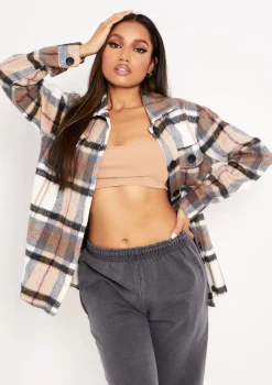 Rita Beige Oversized Checked Shacket