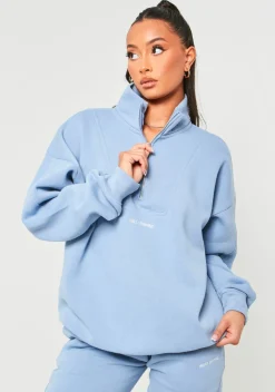 Rivka Pastel Blue Embroidered Half Zip Oversized Sweatshirt
