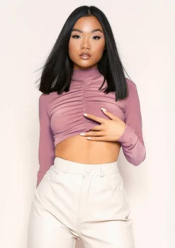 Siana Mauve Ruched Front Long Sleeve Crop Top