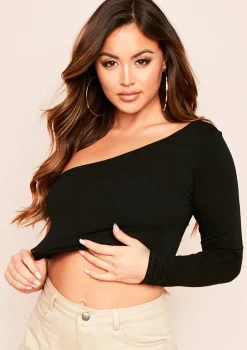 Siara Black One Shoulder Long Sleeve Crop Top