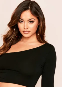 Siara Black One Shoulder Long Sleeve Crop Top