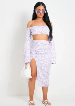 Sienna Lilac Floral Print Midi Skirt With Slit