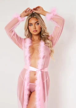 Sierra Pink Fluffy Trim Maxi Dressing Gown