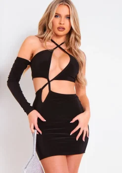 Siya Black Asymmetric Cut Out Detail Dress
