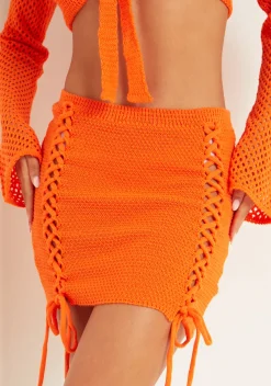 Skye Orange Side Lace Detail Knitted Mini Skirt