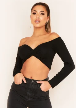 Socorro Black Twist Front Bardot Long Sleeve Crop Top