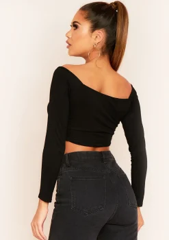 Socorro Black Twist Front Bardot Long Sleeve Crop Top