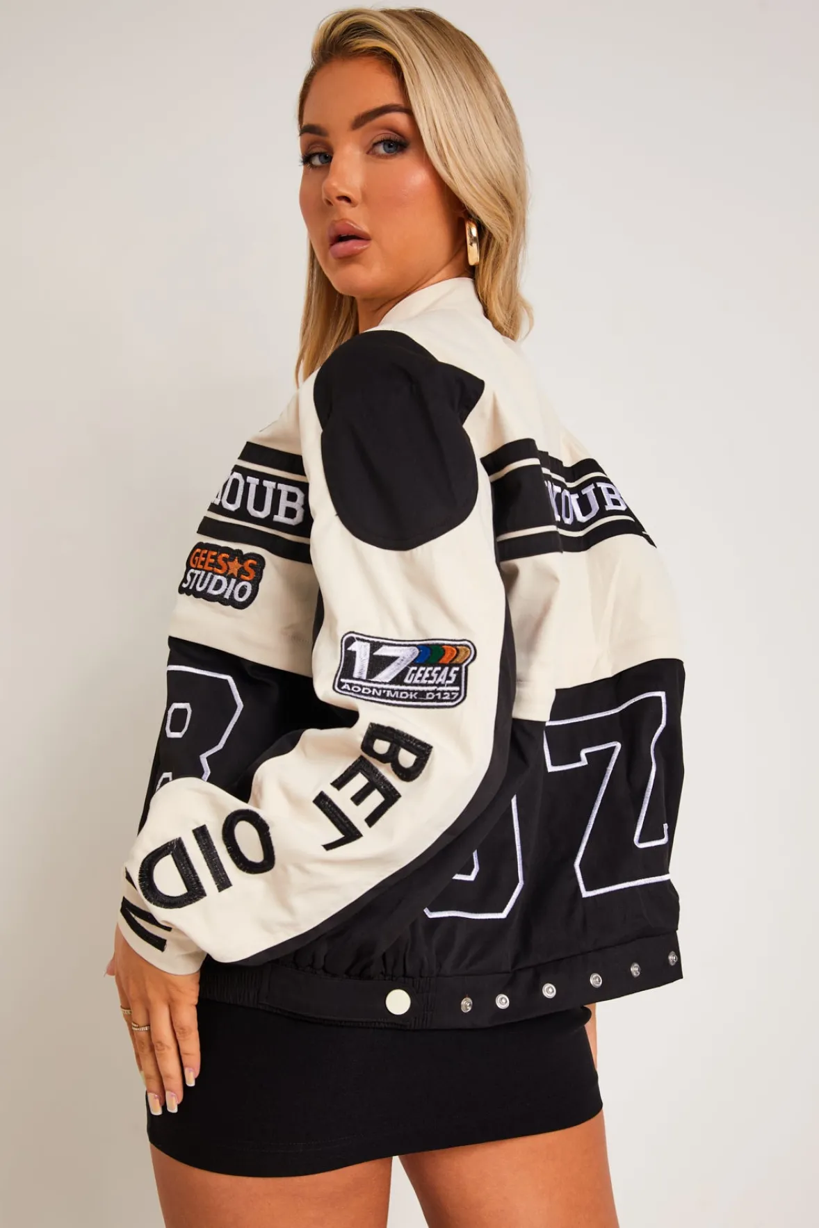 Sofie Black Multi-Patch 2-in-1 Detachable Cropped Racing Jacket