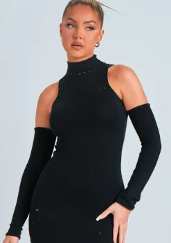 Stacie Black Laddered Knitted Mini Dress With Sleeves