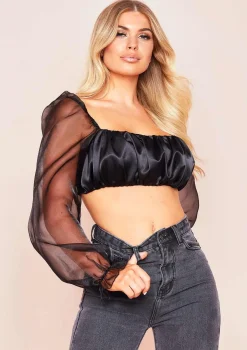Syrah Black Satin Mesh Puff Sleeve Crop Top