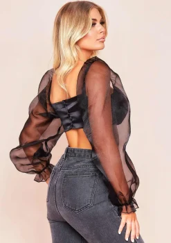 Syrah Black Satin Mesh Puff Sleeve Crop Top