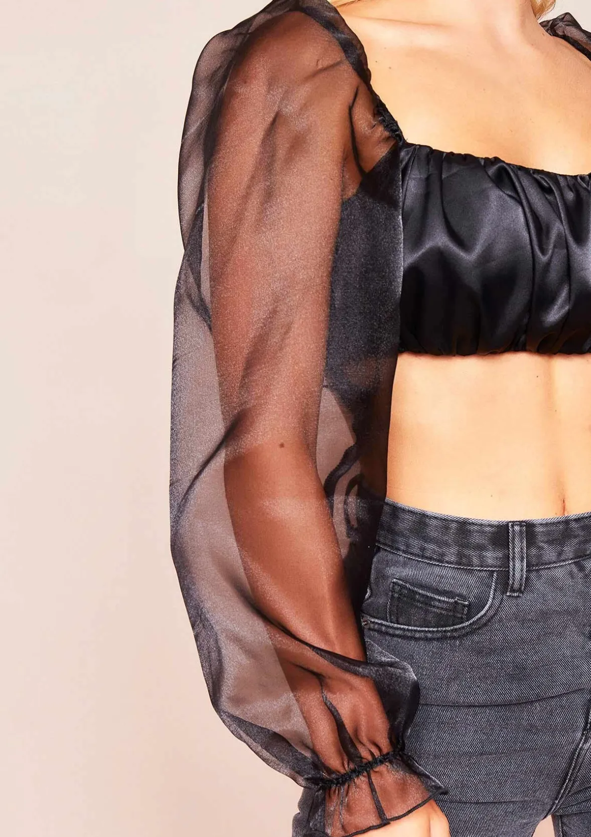 Syrah Black Satin Mesh Puff Sleeve Crop Top