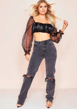 Syrah Black Satin Mesh Puff Sleeve Crop Top