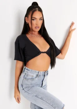 Talia Black Cap Sleeve Twist Front Plunge Crop Top