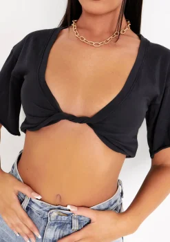 Talia Black Cap Sleeve Twist Front Plunge Crop Top
