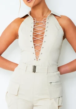Tammy Beige Lace Up Pocket Detail Utility Playsuit