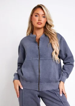 Tess Washed Charcoal Bomber Jacket Sweatshirt