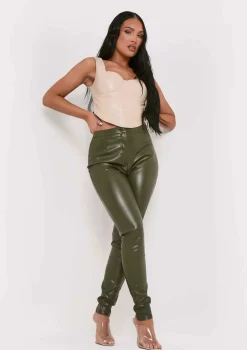 Urmi Khaki Vegan Leather PU Skinny Trousers