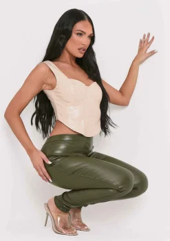 Urmi Khaki Vegan Leather PU Skinny Trousers