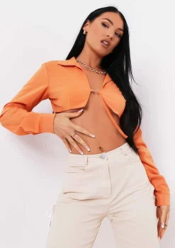 Vanessa Burnt Orange Tie Up Plunge Cropped Shirt