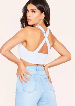Zeta White Cross Strap Halterneck Crop Top