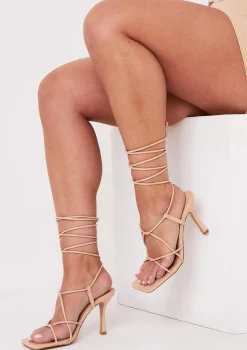Zoey Beige Lace Up Square Toe Strappy Heels